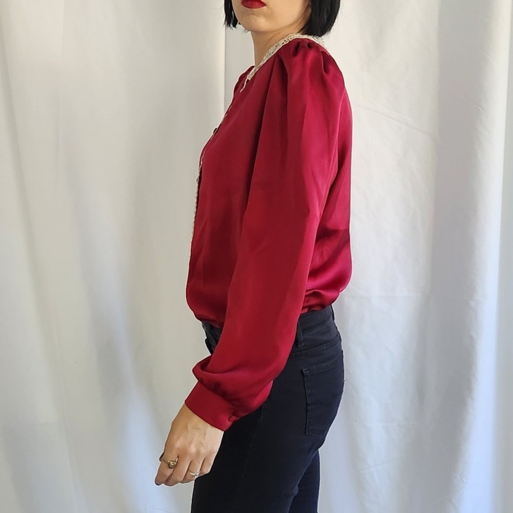 80s Cranberry Red Blouse with Lace Collar - Picture 2 of 5